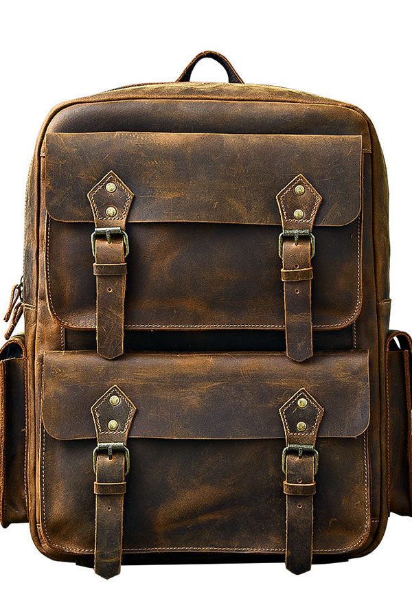 Modern Brown Calf Leather Pockets Solid Color Backpack Bag