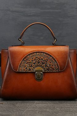 Modern Brown Jacquard Calf Leather Women's Satchel Handbag