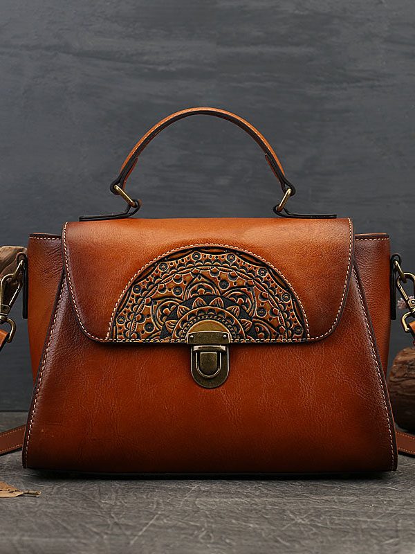 Modern Brown Jacquard Calf Leather Women's Satchel Handbag