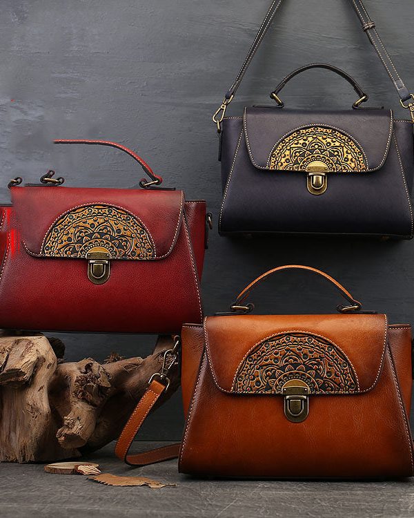 Modern Brown Jacquard Calf Leather Women's Satchel Handbag