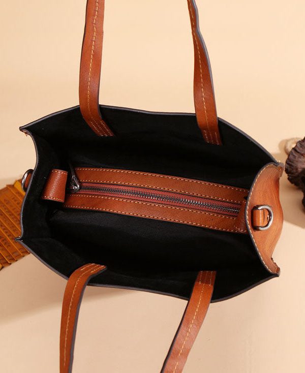 Modern Brown Peacock Print Calf Leather Tote Handbag