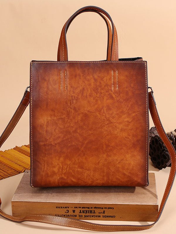 Modern Brown Peacock Print Calf Leather Tote Handbag