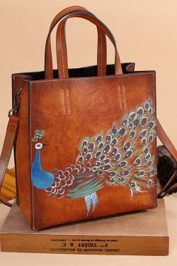 Modern Brown Peacock Print Calf Leather Tote Handbag