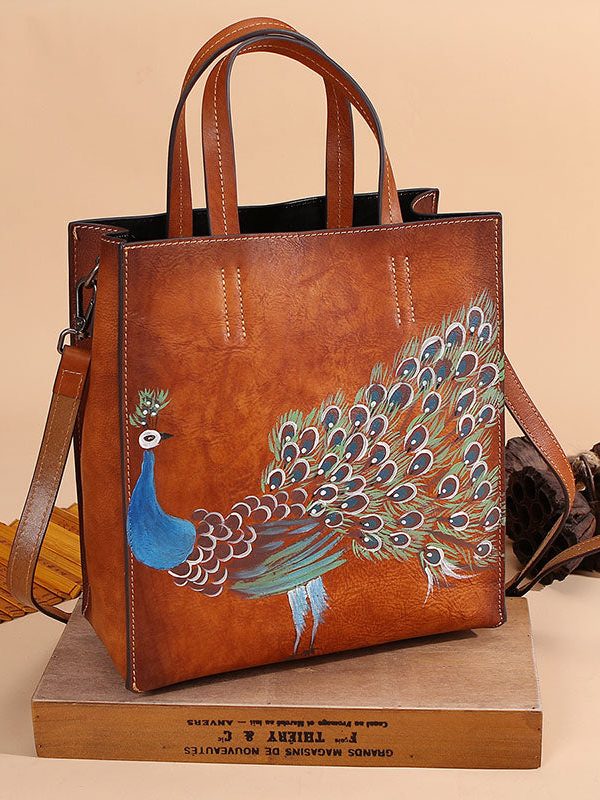 Modern Brown Peacock Print Calf Leather Tote Handbag