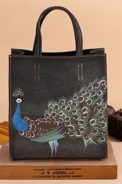 Modern Brown Peacock Print Calf Leather Tote Handbag
