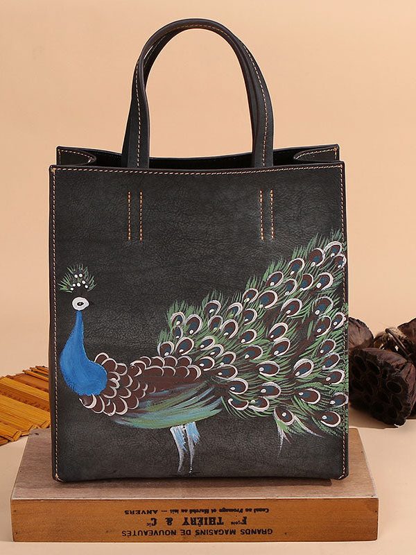 Modern Brown Peacock Print Calf Leather Tote Handbag