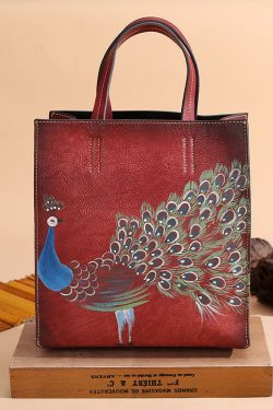 Modern Brown Peacock Print Calf Leather Tote Handbag