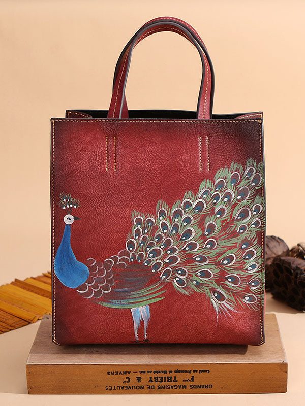 Modern Brown Peacock Print Calf Leather Tote Handbag