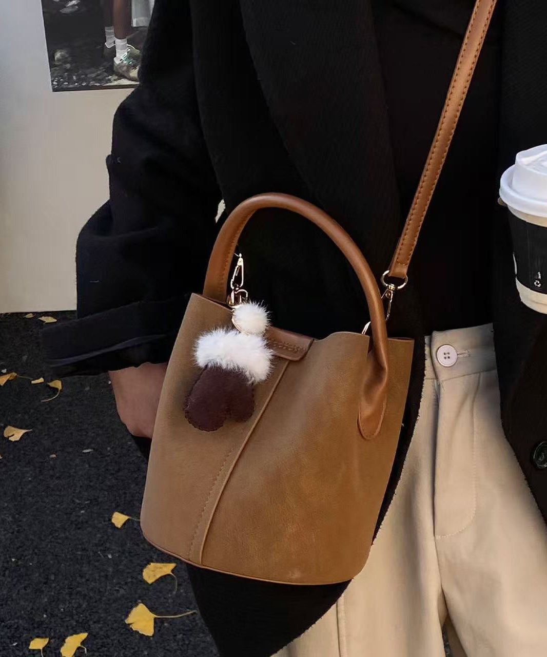 Modern Brown Solid Durable Faux Leather Bucket Bag Modern Brown Solid Durable Faux Leather Bucket Bag