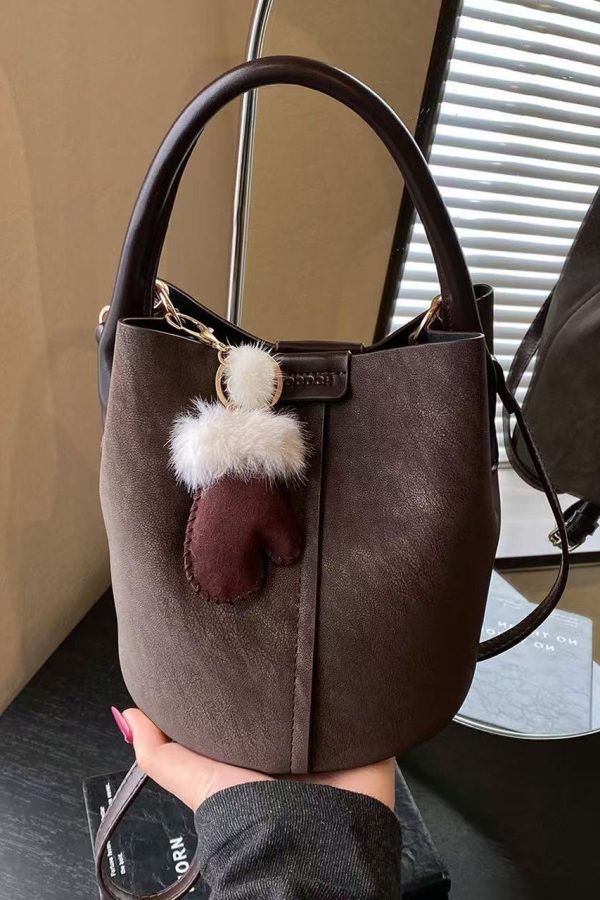 Modern Brown Solid Durable Faux Leather Bucket Bag