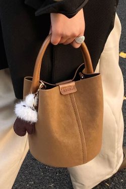 Modern Brown Solid Durable Faux Leather Bucket Bag