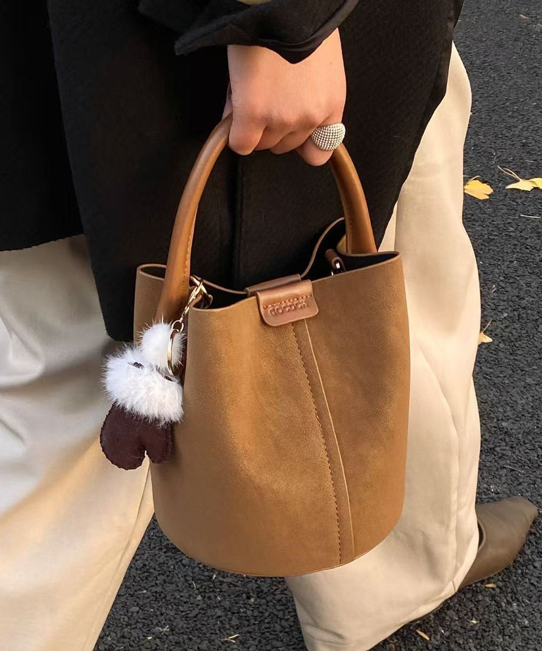 Modern Brown Solid Durable Faux Leather Bucket Bag Modern Brown Solid Durable Faux Leather Bucket Bag