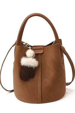 Modern Brown Solid Durable Faux Leather Bucket Bag