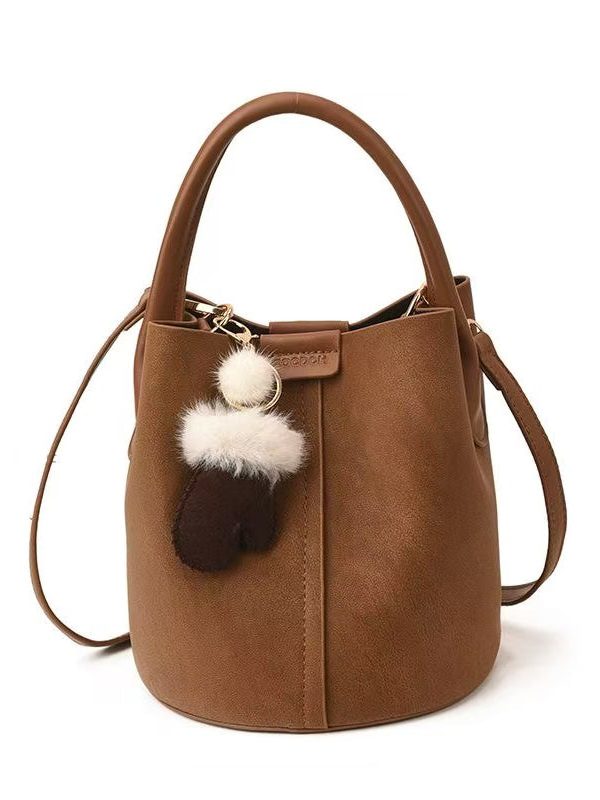 Modern Brown Solid Durable Faux Leather Bucket Bag