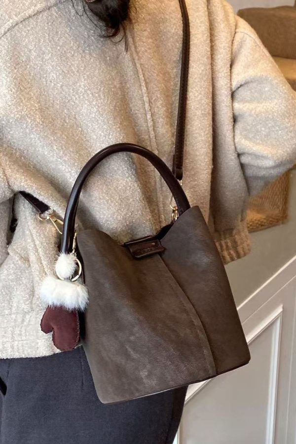 Modern Brown Solid Durable Faux Leather Bucket Bag
