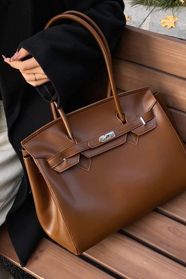 Modern Brown Solid Durable Faux Leather Tote Handbag