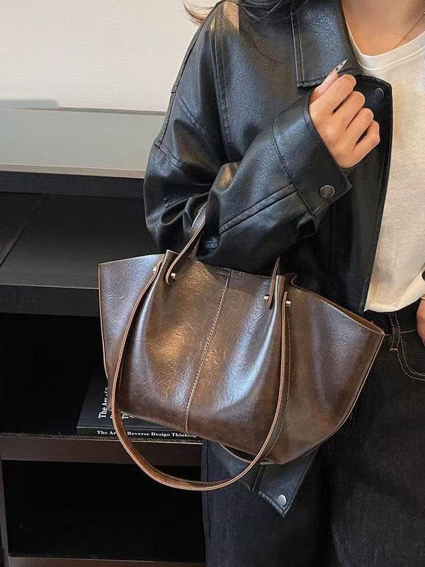 Modern Brown Solid Durable Wrinkled Faux Leather Satchel Handbag