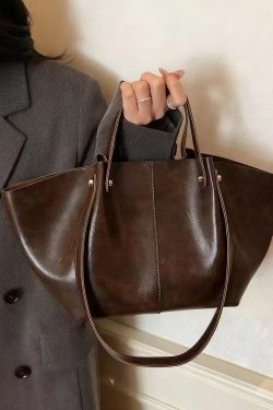 Modern Brown Solid Durable Wrinkled Faux Leather Satchel Handbag