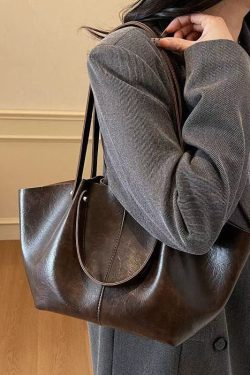 Modern Brown Solid Durable Wrinkled Faux Leather Satchel Handbag