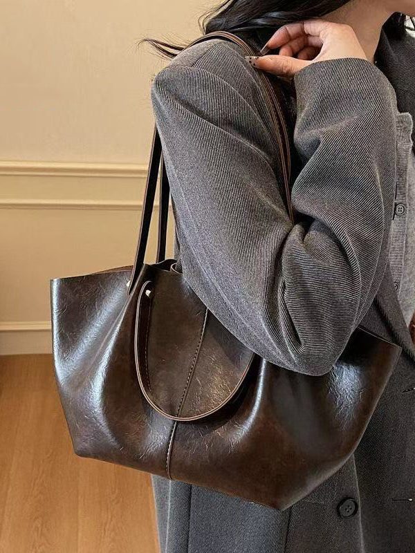 Modern Brown Solid Durable Wrinkled Faux Leather Satchel Handbag