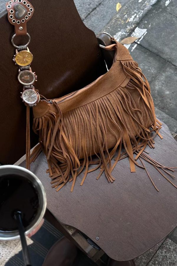 Modern Brown Suede Tassel Shoulder Bag