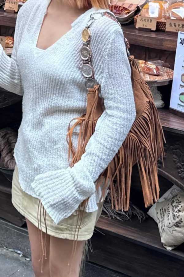 Modern Brown Suede Tassel Shoulder Bag