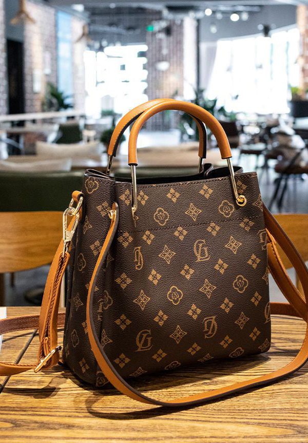 Modern Brown Unique Print Faux Leather Tote Handbag