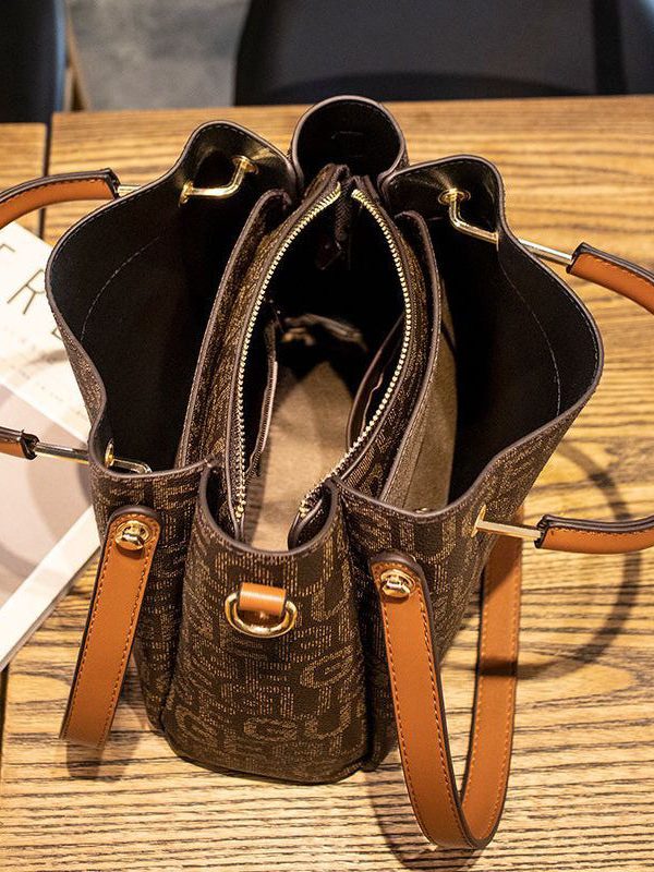 Modern Brown Unique Print Faux Leather Tote Handbag