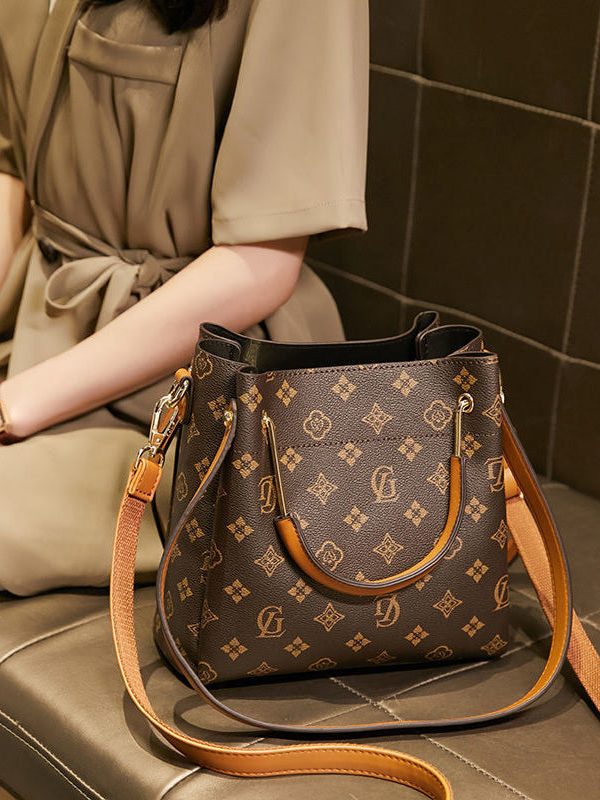 Modern Brown Unique Print Faux Leather Tote Handbag