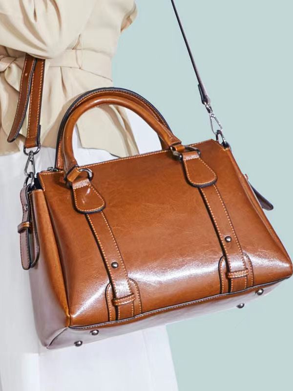 Modern Brown Versatile Calf Leather Tote Handbag