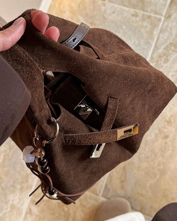 Modern Chocolate Durable Calf Leather Bucket Bag