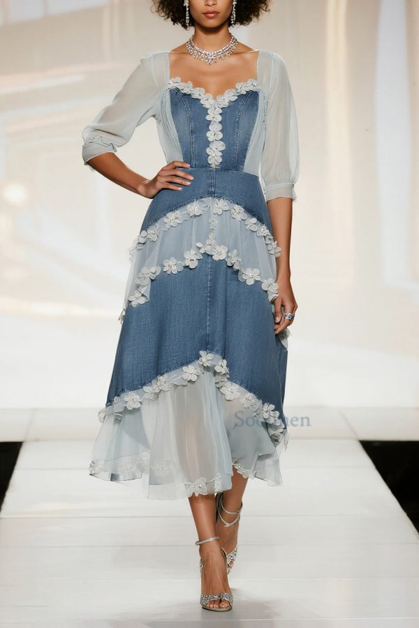 Modern Denim Blue Flower Patchwork Tulle Maxi Dresses Summer