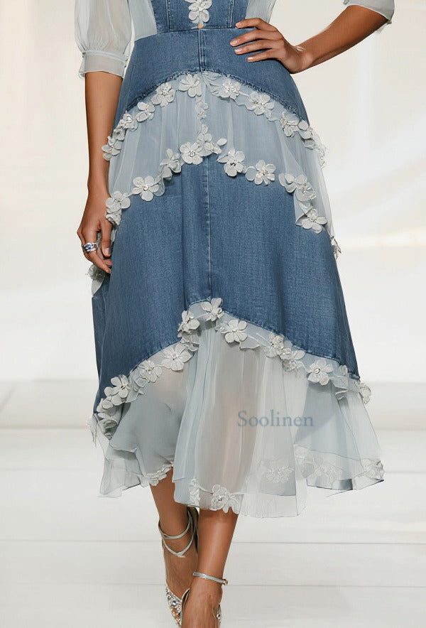 Modern Denim Blue Flower Patchwork Tulle Maxi Dresses Summer