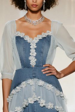 Modern Denim Blue Flower Patchwork Tulle Maxi Dresses Summer