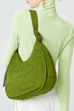 Modern Grass Green Embossing Cotton Hobo Bag