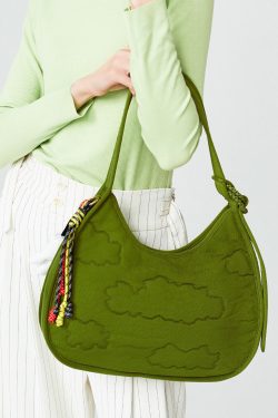 Modern Grass Green Embossing Cotton Hobo Bag