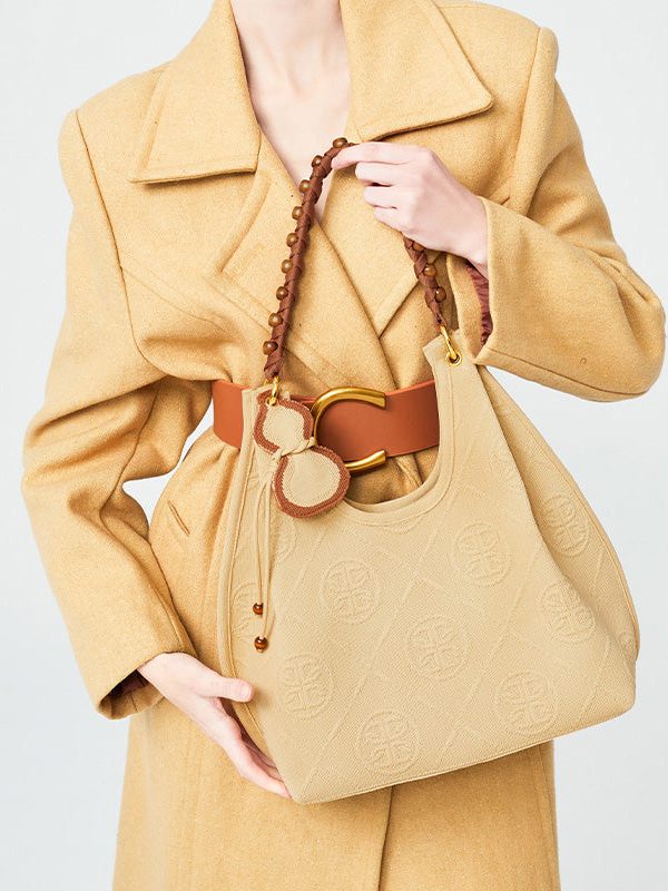 Modern Khaki Jacquard Large Capacity Cotton Shoulder Bags