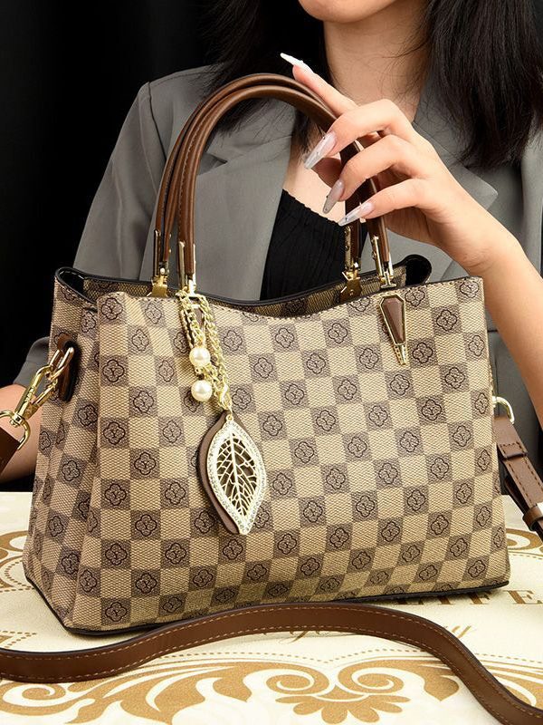 Modern Khaki Print Large Versatile Leather Tote Handbag