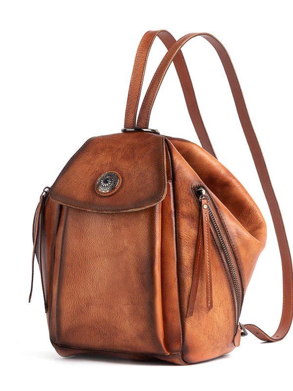 Modern Khaki Solid Zippered Calf Leather Backpack Bag