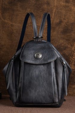 Modern Khaki Solid Zippered Calf Leather Backpack Bag