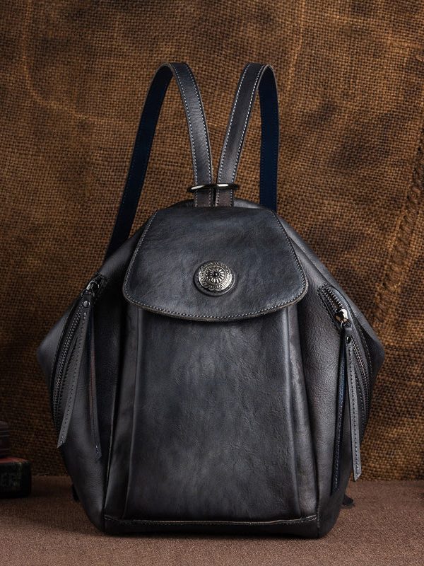 Modern Khaki Solid Zippered Calf Leather Backpack Bag