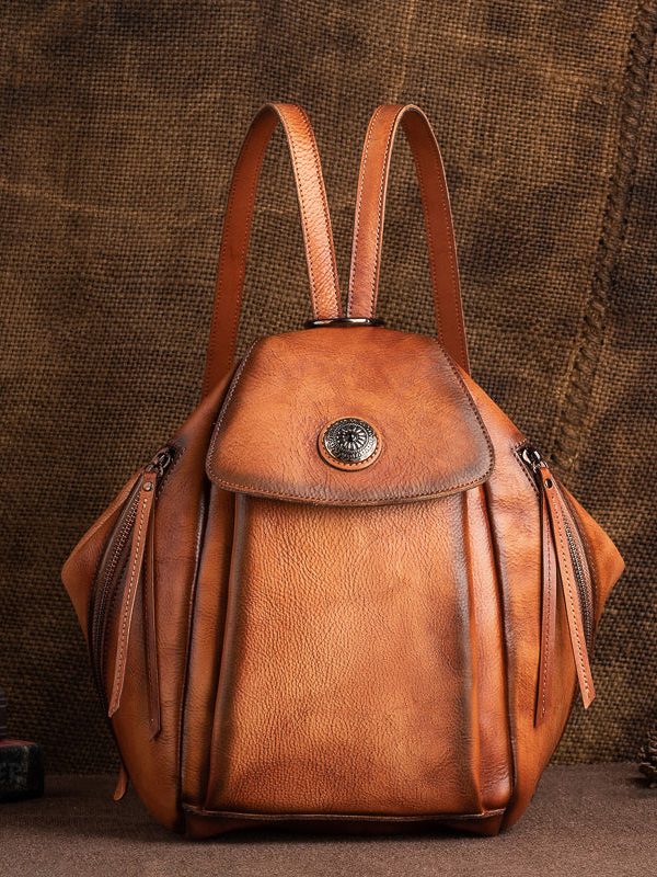 Modern Khaki Solid Zippered Calf Leather Backpack Bag