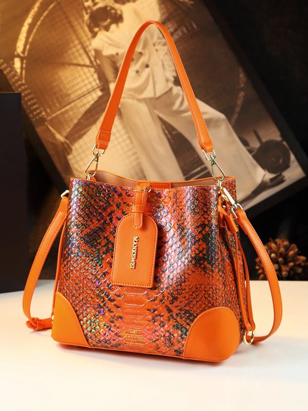 Modern Orange Serpentine Large Capacity Faux Leather Messenger Bag