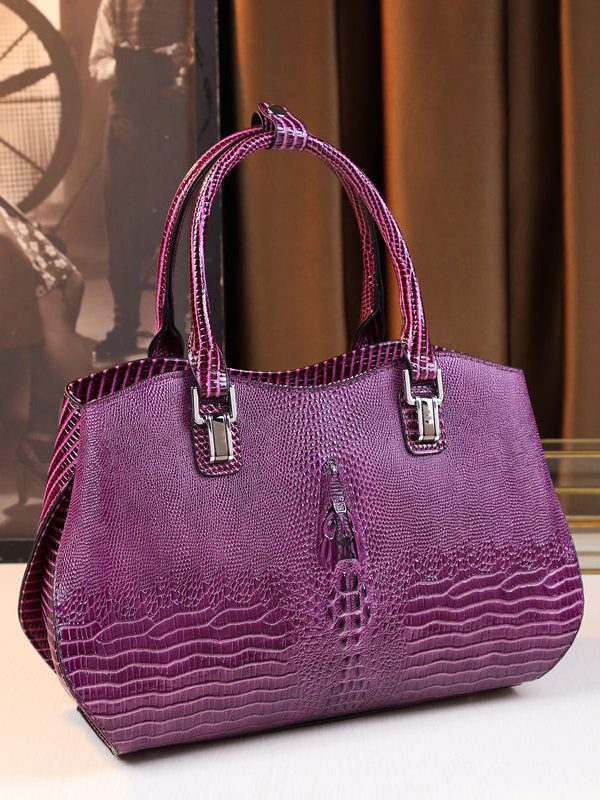 Modern Purple Large Capacity Calf Leather Tote Handbag