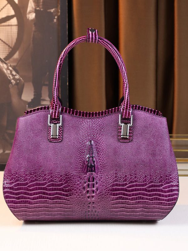 Modern Purple Large Capacity Calf Leather Tote Handbag