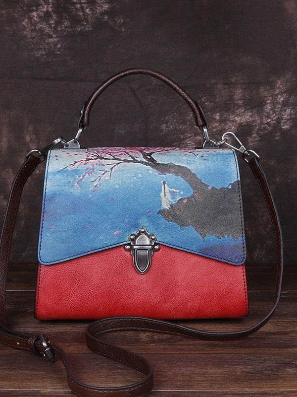 Modern Red Print Paitings Calf Leather Tote Handbag