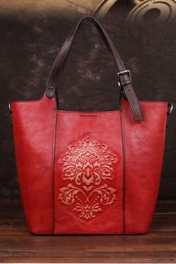 Modern Red Rubbing embossing Paitings Calf Leather Tote Handbag