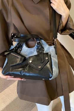 Modern Rivet Patchwork Pockets Faux Leather Satchel Handbag