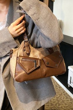 Modern Rivet Patchwork Pockets Faux Leather Satchel Handbag