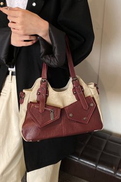 Modern Rivet Patchwork Pockets Faux Leather Satchel Handbag